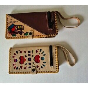 El Salvador Authentic Leather Folding Wristlet Set of 2 Hearts & Toucan Wallets